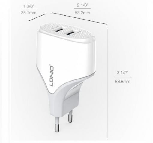 Оригинално зарядно устройство LDNIO A2268 220V с два USB порта 5V / 2.1A за Samsung, LG, HTC, Sony, Nokia, Huawei, ZTE, BlackBerry и др. - бяло и сиво — снимка 2