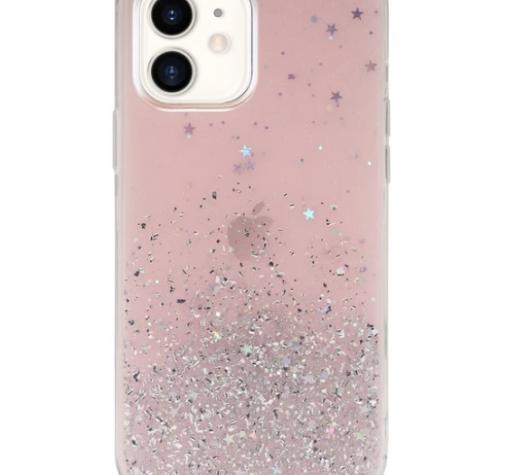 Луксозен гръб 3D SwitchEasy Starfield за Apple iPhone 12 / 12 Pro 6.1'' - розов / сребрист брокат и звездички — снимка 2