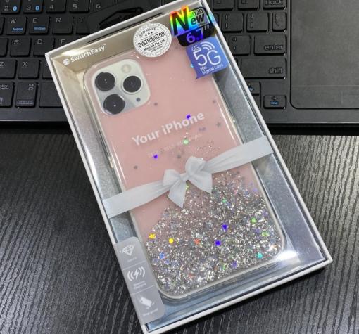 Луксозен гръб 3D SwitchEasy Starfield за Apple iPhone 12 / 12 Pro 6.1'' - розов / сребрист брокат и звездички — снимка 3