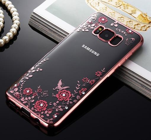 Луксозен силиконов калъф / гръб / TPU с камъни за Samsung Galaxy S8 Plus G955 - прозрачен / розови цветя / Rose Gold кант