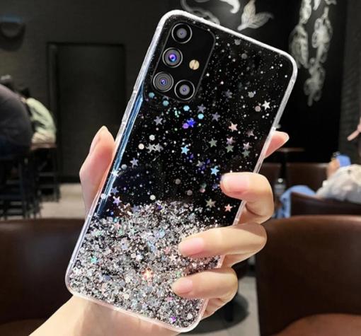 Силиконов калъф / гръб / TPU Brillant Clear Case за Samsung Galaxy S21 - черен / сребрист брокат