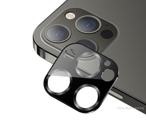 USAMS Tempered Glass Metal Camera Lens Apple iPhone 12 Pro Max / Стъклен протектор за задна камера на Apple iPhone 12 Pro Max - черен