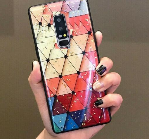 Луксозен стъклен твърд гръб за Xiaomi Redmi Note 8 Pro - многоцветни триъгълници / блестящи частици