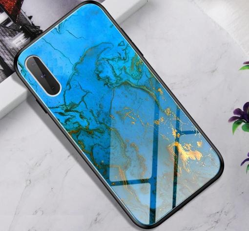 Луксозен стъклен твърд гръб за Apple iPhone XR - син със златисто