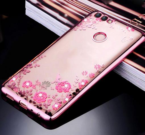 Луксозен силиконов калъф / гръб / TPU с камъни за Huawei Y7 2018 - прозрачен / розови цветя / Rose Gold кант