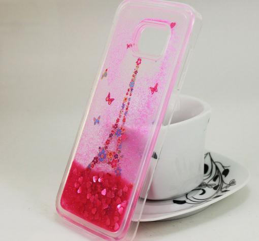 Силиконов калъф / гръб / TPU 3D за Samsung Galaxy S6 Edge G925 - Айфелова кула / цветя и пеперуди / розов брокат — снимка 2