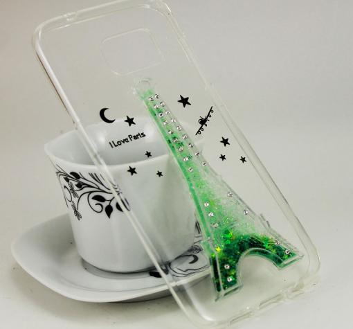 Силиконов калъф / гръб / TPU 3D за Samsung Galaxy S7 Edge G935 - прозрачен / Айфелова кула / зелен брокат