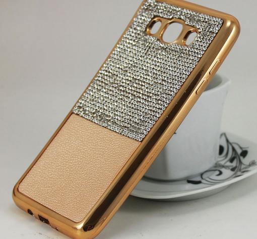 Луксозен силиконов калъф / гръб / TPU с камъни за Samsung Galaxy J7 2016 J710 - златист / имитиращ кожа — снимка 2