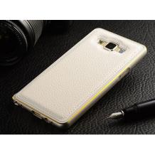 Метален бъмпер / Bumper / с кожен гръб за Samsung Galaxy A5 - Samsung A500F - бял с бял кант