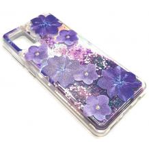 Луксозен гръб 3D Water Case за Huawei Y5p - течен гръб с брокат / прозрачен с лилави цветя