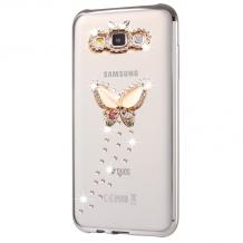 Луксозен силиконов калъф / гръб / TPU с камъни за Samsung Galaxy J5 J500 - пеперуда / сребрист кант