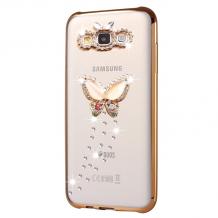 Луксозен силиконов калъф / гръб / TPU с камъни за Samsung Galaxy J5 J500 - пеперуда / златист кант