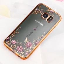 Луксозен силиконов калъф / гръб / TPU с камъни за Samsung Galaxy S6 Edge+ G928 / S6 Edge Plus - розови цветя / златист кант