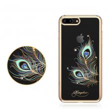 Луксозен твърд гръб KINGXBAR Swarovski Diamond за Apple iPhone 7 / iPhone 8 - прозрачен / златист кант / пауново перо