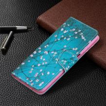 Кожен калъф Flip тефтер Flexi със стойка за Samsung Galaxy A72 / A72 5G - син / цветчета