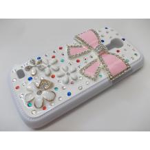 Луксозен заден предпазен твърд гръб / капак / с цветни камъни за Samsung Galaxy S4 Mini I9190 / I9192 / I9195 - розова панделка