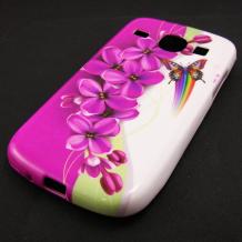 Силиконов калъф TPU / гръб / за Samsung Galaxy Core I8260 / I8262 - лилави цветя и пеперуда