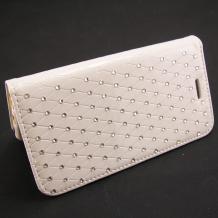 Луксозен кожен калъф тип Flip тефтер със стойка за Apple iPhone 6 4.7'' - с камъни / бял