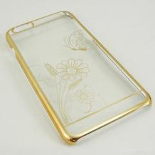 Ултра тънък заден предпазен твърд гръб / капак / с камъни за Apple iPhone 6 Plus 5.5'' - прозрачен с цветя / златист кант
