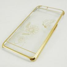 Ултра тънък заден предпазен твърд гръб / капак / с камъни за Apple iPhone 6 Plus 5.5'' - прозрачен с цветя / златист кант