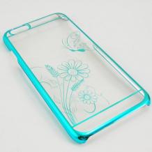 Ултра тънък заден предпазен твърд гръб / капак / с камъни за Apple iPhone 6 Plus 5.5'' - прозрачен с цветя / син кант