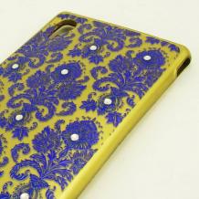 Ултра тънък силиконов калъф / гръб / TPU Ultra Thin за Sony Xperia M4 / M4 Aqua - златист / сини фигури с камъни