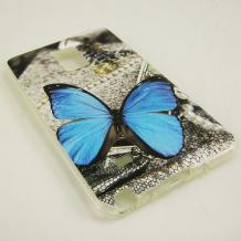 Силиконов калъф / гръб / TPU за Samsung Galaxy Note Edge N915 - сив / синя пеперуда