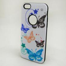 Твърд гръб / капак / със силиконов кант за Apple iPhone 6 4.7" - бял / цветни пеперуди