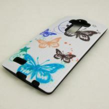 Твърд гръб / капак / със силиконов кант за LG G4 - бял / цветни пеперуди
