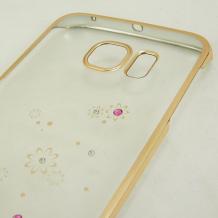 Луксозен твърд гръб / капак / MEEPHONG с камъни за Samsung Galaxy S6 Edge G925 - прозрачен / цветя 