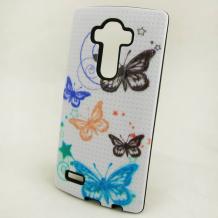 Твърд гръб / капак / със силиконов кант за LG G4 - бял / цветни пеперуди