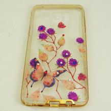 Луксозен силиконов калъф / гръб / TPU с камъни за Samsung Galaxy Note 5 N920 - цветя и пеперуда / златист кант