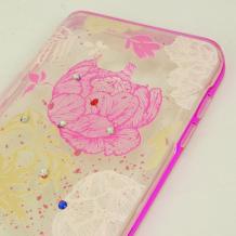 Луксозен силиконов калъф / гръб / TPU с камъни за Samsung Galaxy Note 5 N920 - цветя / розов кант