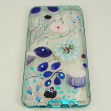 Луксозен силиконов калъф / гръб / TPU с камъни за Samsung Galaxy Note 5 N920 - сини цветя / син кант