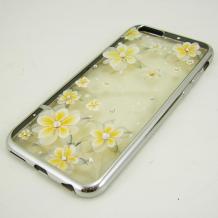 Луксозен силиконов калъф / гръб / с камъни за Apple iPhone 6 4.7" - прозрачен / жълти цветя