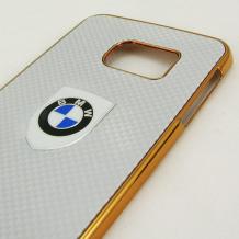 Луксозен твърд гръб / капак / за Samsung Galaxy S6 Edge G925 - BMW / светло сив / златист кант