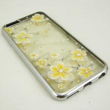 Луксозен силиконов калъф / гръб / с камъни за Apple iPhone 6 4.7" - прозрачен / жълти цветя