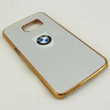 Луксозен твърд гръб / капак / за Samsung Galaxy S6 Edge G925 - BMW / светло сив / златист кант