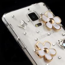 Луксозен твърд гръб / капак / 3D с камъни за Samsung Galaxy Note 4 N9100 - прозрачен / бели цветя