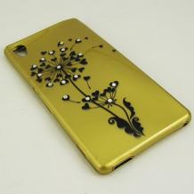 Ултра тънък силиконов калъф / гръб / TPU Ultra Thin за Sony Xperia M4 / M4 Aqua - златист / цвете с камъни