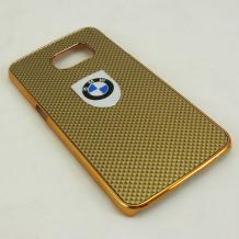 Луксозен твърд гръб / капак / за Samsung Galaxy S6 Edge G925 - BMW / златист / златист кант