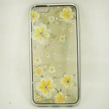 Луксозен силиконов калъф / гръб / с камъни за Apple iPhone 6 4.7" - прозрачен / жълти цветя