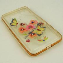 Луксозен силиконов калъф / гръб / TPU с камъни за Samsung Galaxy E5 / Samsung E5 - цветя и пеперуди / златист кант