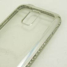 Луксозен силиконов гръб TPU Rowen с камъни за Samsung G900 Galaxy S5 / Galaxy S5 Neo G903 - прозрачен / сребрист кант