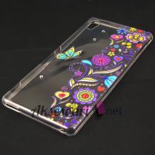 Ултра тънък силиконов калъф / гръб / Ultra Thin TPU за Sony Xperia M4 / M4 Aqua - прозрачен с камъни / цветя и пеперуда