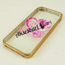 Луксозен силиконов калъф / гръб / TPU с камъни за Apple iPhone 5 / iPhone 5S - розово сърце / златист кант