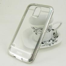 Луксозен силиконов гръб TPU Rowen с камъни за Samsung G900 Galaxy S5 / Galaxy S5 Neo G903 - прозрачен / сребрист кант