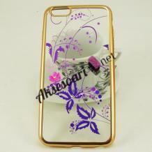 Луксозен силиконов калъф / гръб / TPU с камъни за Apple iPhone 6 Plus / iPhone 6S Plus - лилави цветя / златист кант