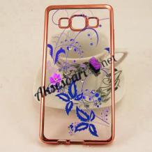 Луксозен силиконов калъф / гръб / TPU с камъни за Samsung Galaxy E5 / Samsung E5 - лилави цветя / меден кант