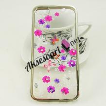 Луксозен силиконов калъф / гръб / TPU с камъни за Apple iPhone 5 / iPhone 5S - цветя / сребрист кант
